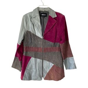 Vintage Metrostyle Suede Leather Patchwork Blazer Jacket Silver Purple Gray 12
